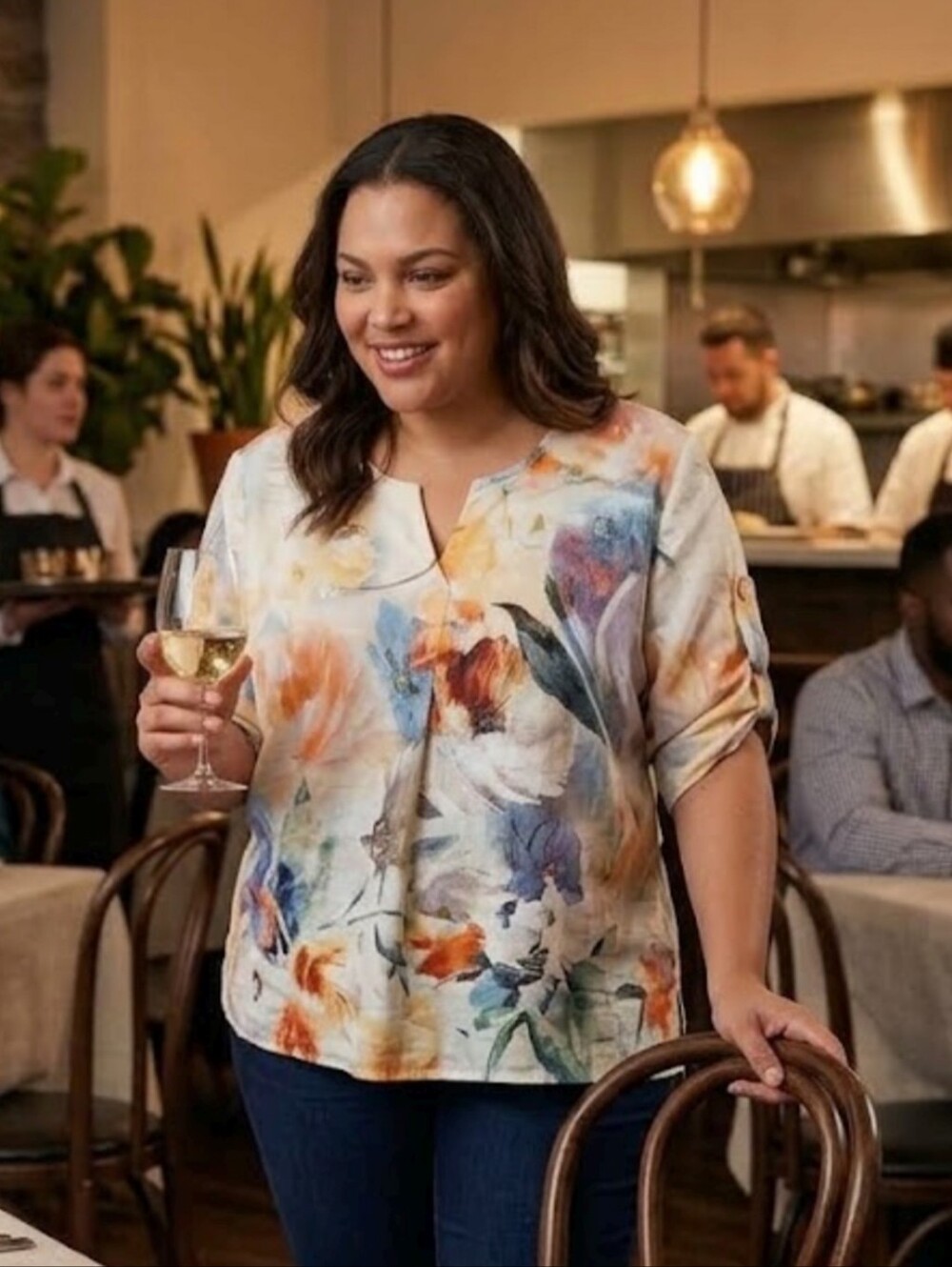 Michael Tyler. Floral V-Neck Roll-Sleeve Blouse Tunic in Multi Colours. EUC. XL.